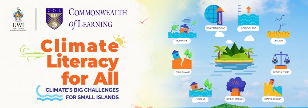 Banner shows, set against a blue background representing the sea, icons representing the impacts of climate change including rising temperatures, rising sea levels, the greenhouse effect, carbon effect, precipitation, coastal effect, drought, urban waste and melting ice. On the left is the name of the course, Climate's Big Challenge for Small Islands.